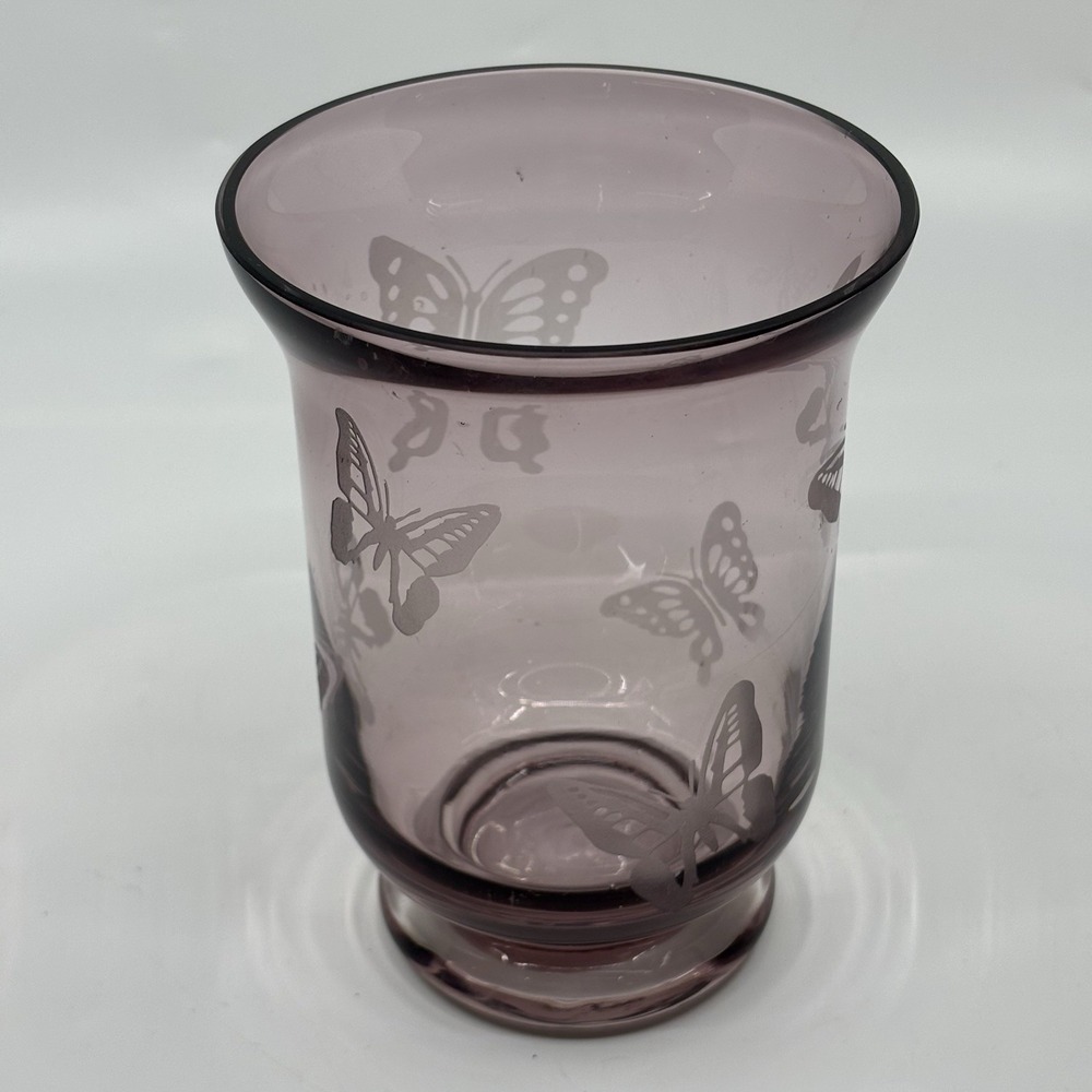 Y2K Amethyst Purple Glass Etched Butterfly Pillar Candle Holder Vase Whimsigoth